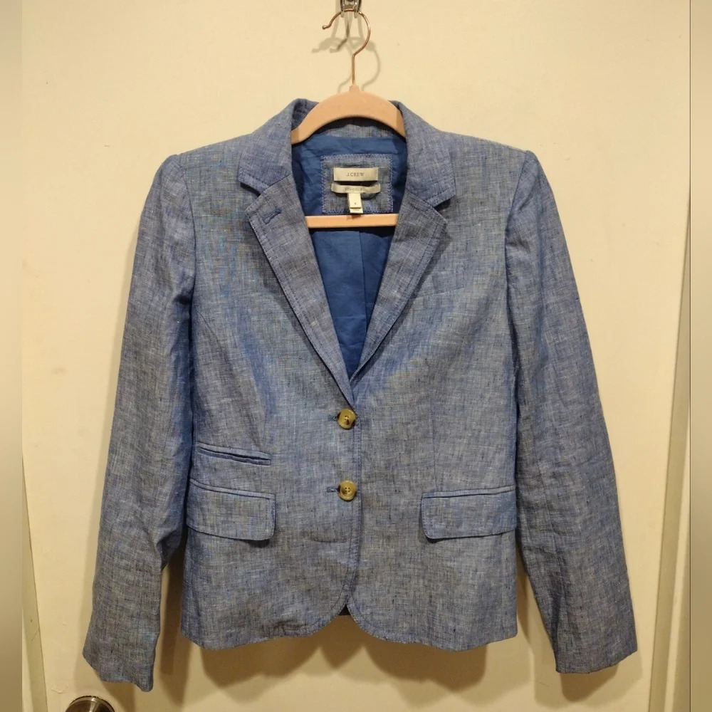 J. Crew Women's 100% Linen Blue Chambray Schoolboy Blazer Sz 2- Preppy Academia - Picture 1 of 7